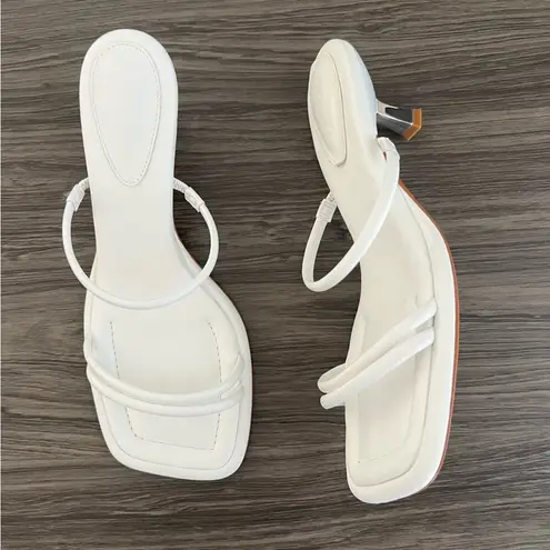 Schutz Agatha Mid Leather Strappy White Square Toe Kitten Heel Slide Sandals 9.5