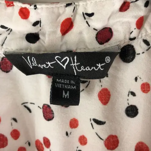 Velvet Heart Womens Cherry Print Button-Down Blouse Tie Collar M White/Red