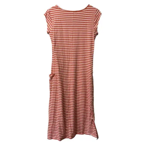 Toad &Co Muse Midi Dress Women’s M Orange Stripe Adjustable Drawcord Pocket Size M