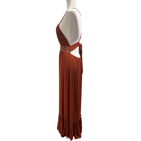 FADED ROSE BOHO STRAPPY LONG TIERED CROCHET TERRACOTTA MAXI DRESS Orange Size M
