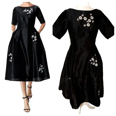 Eshakti eSkahti | Quincy Dupioni Black Floral Lined Midi Length Dress Size Small