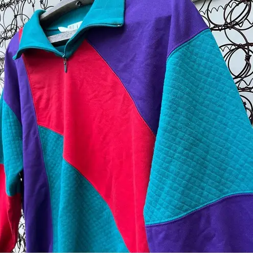 Vintage 80s Blast Teal Red Purple Color Block Henley Lightweight Sweatshirt PM Blue Size M
