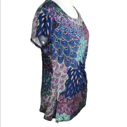 S Levine Blue Multicolor Peacock Short Sleeve Faux Wrap Casual Top M Pink Size M
