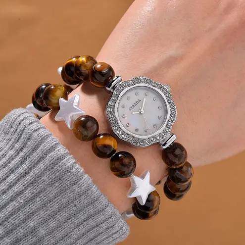 Strada Tigers Eye, Crystal Japanese Movement Beaded Stretch Watch and Bracelet Brown