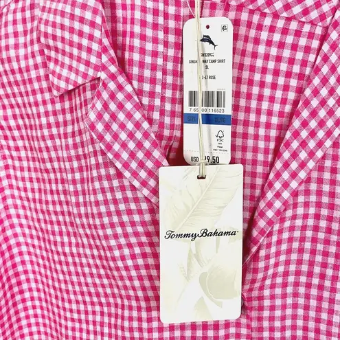 Tommy Bahama  Pink Linen Shirt Tie Front Sleeveless Gingham Way Camp Shirt Sz XL