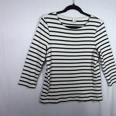 Iris & Ink White Navy Striped Round Neck 3/4 Sleeve Breton Top Blouse Size S