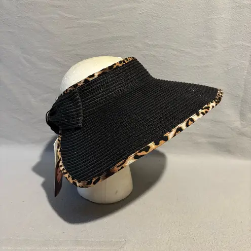 Daisy Fuentes  Sun Hat Black Sport Visor with Leopard Trim Bow Detail