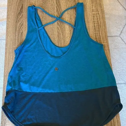 prAna Women Medium Blue Colorblockā Lagos Criss Cross Workout Tank Top Athletic