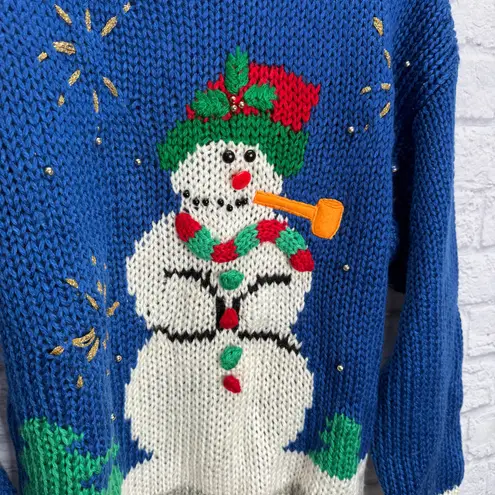 Vintage EVE Ltd Ugly Christmas Sweater Blue Hand Knit Snowman Size 18W 80s