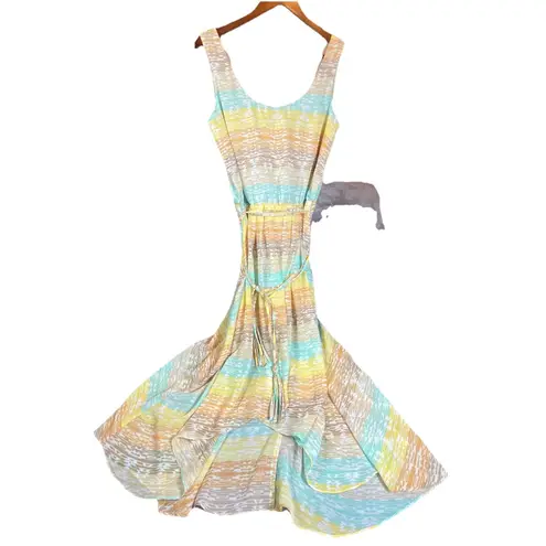 Romantic Midi Dress Sz 12 Tasseled Belt High Low Fairy Whimsy‎ Ruffle Hem Pastel