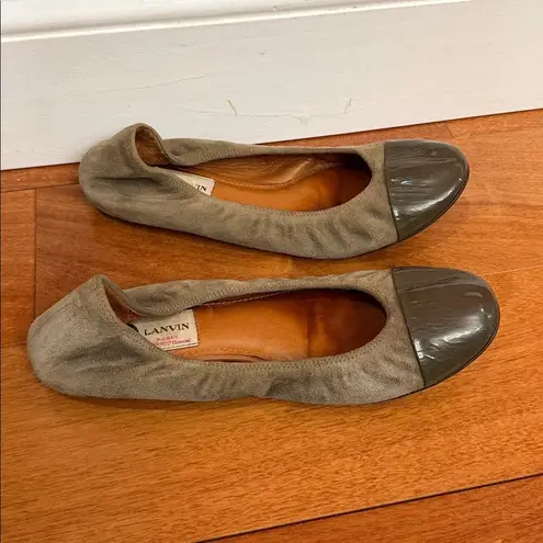 Lanvin Paris Cap Toe Ballet Flats Brown Gray Suede Black Patent Leather 37 Size 7.5