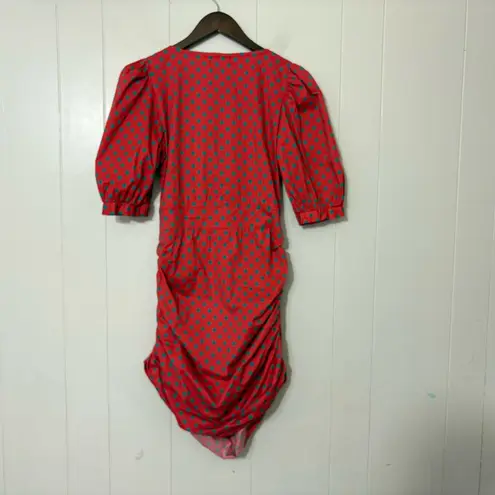 OOTO Red & Teal Polka Dot Ruched Puff Sleeve Dress Size M Size M