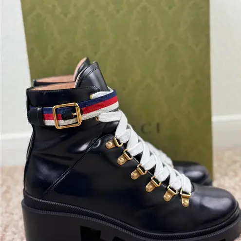 Gucci  Sylvie Web Womens Lace Up Calfskin Leather Black Combat Boots Size 39.