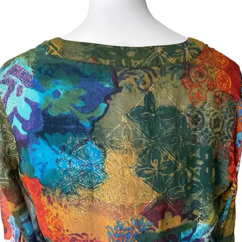 Coldwater Creek  Boho Multi Color Silk V-Neck Blouse, Sz L