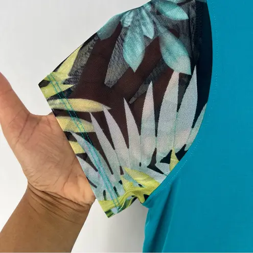 Antthony Teal Stretchy Liquid Knit Floral Leaf Print Mesh Sleeves Hem Tunic Blue Size M