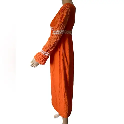 Vintage 60s Orange Chiffon Prairie Cottagecore Romantic Floral Lace Maxi Dress