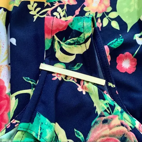 Rafaella Dress Blue Pink Yellow Floral Cold Shoulder Short Sleeve Dress Large