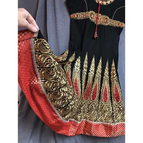 Womens Black Red Gold Anarkali Dress Sleeveless Embroidery Round Neck Size M