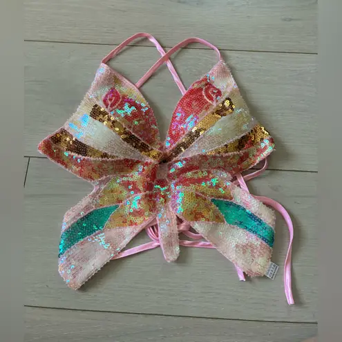 Womens Sparkly Sequin Butterfly Crop Top Sparkly Glitter Bandage Rave Costume S Pink