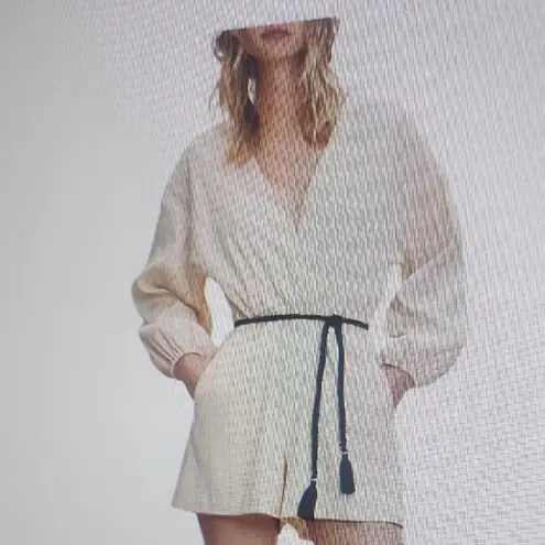 Maje  Ibioli Belted Beige Pinstriped Romper Neutral Chic Balloon Sleeve Size 34