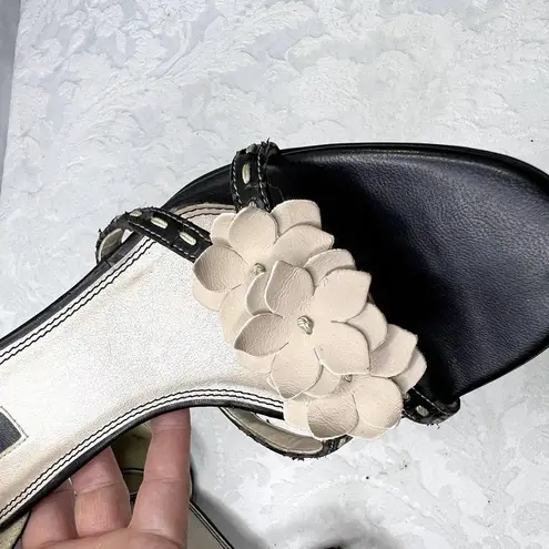 Fioni Black Open Toe High Heels with Faux Flowers Size 7