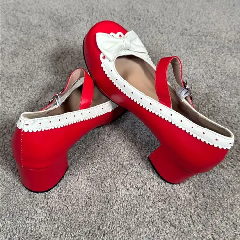 Women’s Red Chunky Heel Mary Jane Pumps Cute Bow & Hearts Round Toe Size 6 Red