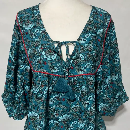 Band Of The Free New Floral Print Tassel Tie Babydoll Mini Dress Teal Size Small