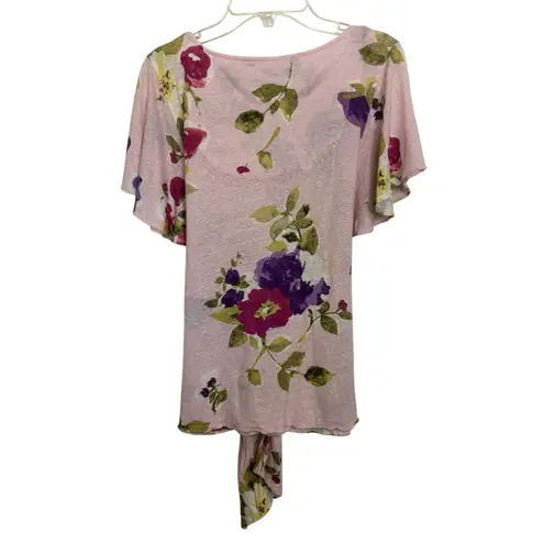 Ralph Lauren Lauren  Black Label Linen Blend Pink Floral Flutter Sleeve Sz Small