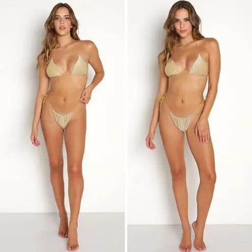 NEW Free People It's Now Cool Gathered Tie Up Bikini Bottom Gold Lurex, size XL