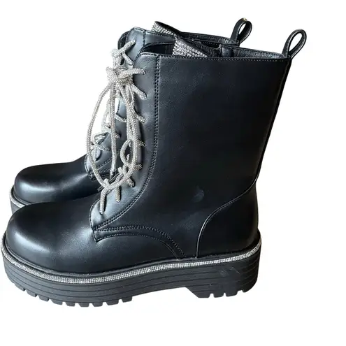 AZALEA WANG Attentive Bootie Women's 7.5 Silver Bling Combat Boots Glam Moto Black