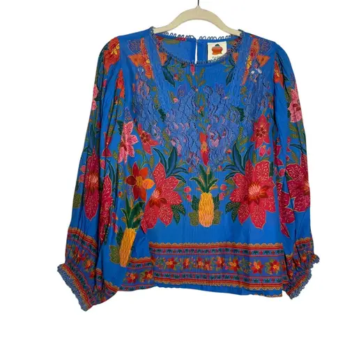Farm Rio Tropical Tapestry Blouse Lace Inset Sz. S