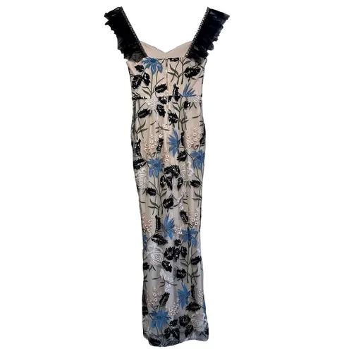 Lulus Show Stopper Cream Embroidered Sequin Bodycon Maxi Dress XS Tulle Gown Tan