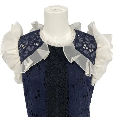 Rebecca Taylor Women's High Neck Ruffle Lace Dress Size 6 Navy Ivory OOAK