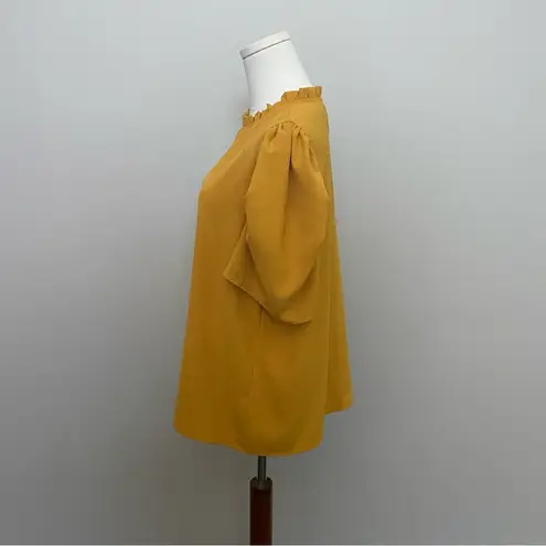 Savanna Jane Top Puff Short Sleeves High Neck Ruffle Work Career Mustard Yellow Size L