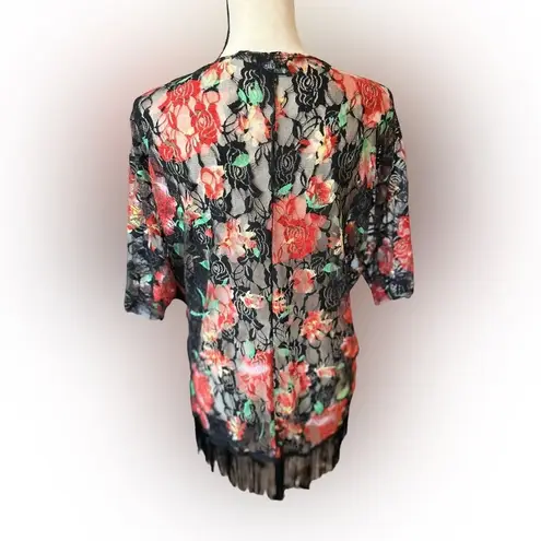Floral Lace Fringe Kimono Boho Festival Sheer Open Front Cardigan Overlay Large