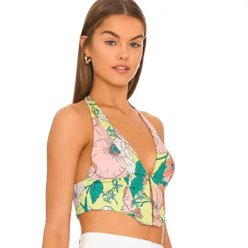 AFRM Halter Top Womens Medium Ramona Multicolor Floral Print Hook Closure Crop