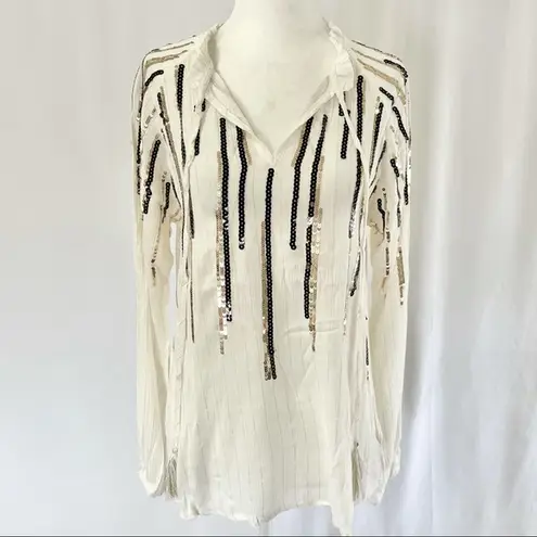 Free The Roses New  Sequin Striped Tassel Tie Peasant Top Ivory Black Gold