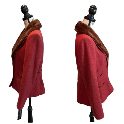 Anne Klein  2Pc Pant Suit Blazer Jacket Faux Fur Wool Blend Red Orange Size 8 NWT