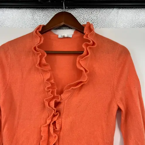 Garnet Hill 100% Cashmere orange Ruffle button Cardigan Sweater XS Extra Small