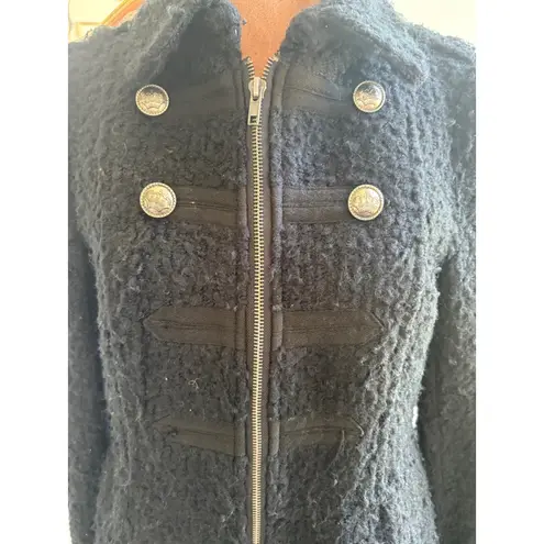 Xxi Military Style Boucle Coat Small Black Zipper Front Crown Buttons