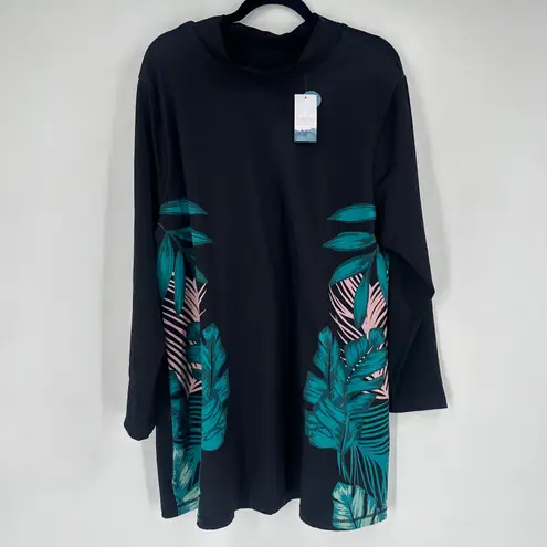 Cacique NWT Swim Black Long Sleeve Rash Guard Tropical Print UPF 50+ Size 24