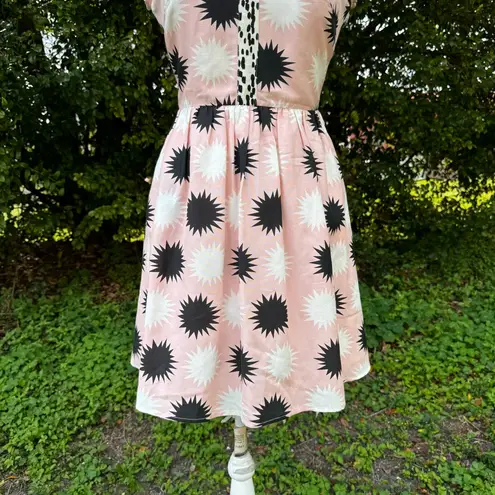 Anthropologie Troubadour Pink And Black Starburst Retro Silk Blend Dress Sz 2