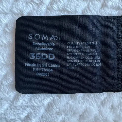 Soma Unbelievable Minimizer Bra 36DD Black Underwire Unlined Smooth Minimalist