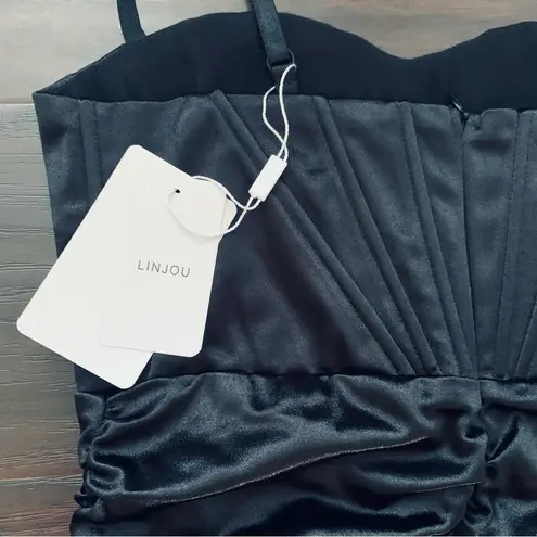 NWT LINJOU Black Satin/Silk Sweetheart Corset Ruched Wrap Bodycon Dress | M Size M