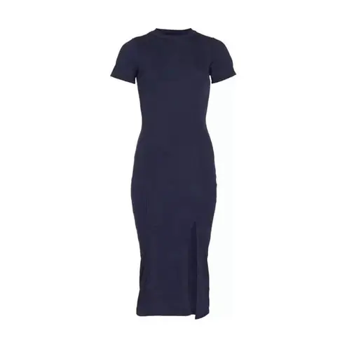 NSF Collins Ribbed Short Sleeve Crewneck Bodycon Midi Dress in Deep Sea Blue