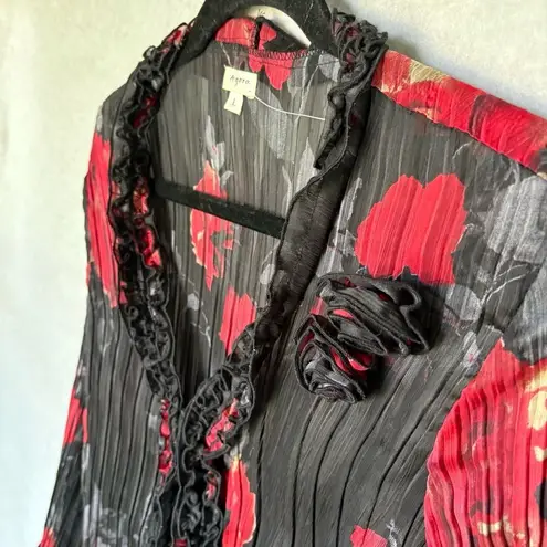 Agora Blouse Size L Black Red Floral Sheer Ruffle Button Front Crinkled Bohemian Size L - Image 3