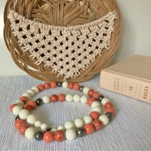 Vintage Oversized Coral White Gray Beaded Necklace “Demeter” Statement Classic Orange