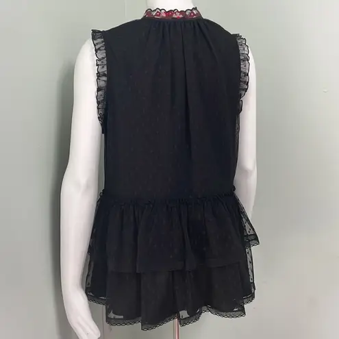 Kate Spade  Camelia Embroidered Peplum Top Swiss Dot Tassel Tie Black Size Medium