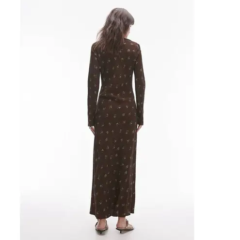 Topshop NEW  Brown Ditsy Floral Print Satin Slip Long Sleeve Slim Maxi Dress Sz 2