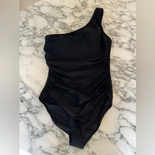 NWT J Crew Ruched Swimsuit Reg Rise Sz L One Shoulder Shelf Bra Black w Liner Size L